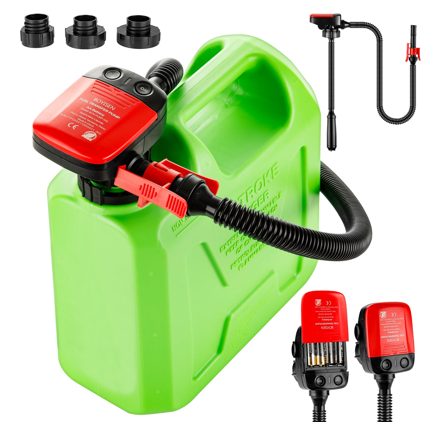 BOYISEN Electric Fuel Transfer Pump with Auto-Stop, AA Battery-Powered Portable Liquid Pump with Extra Long Hose Fits Most Size Gas Cans, Gas Pump Transfer for Gasoline, Diesel, Oil