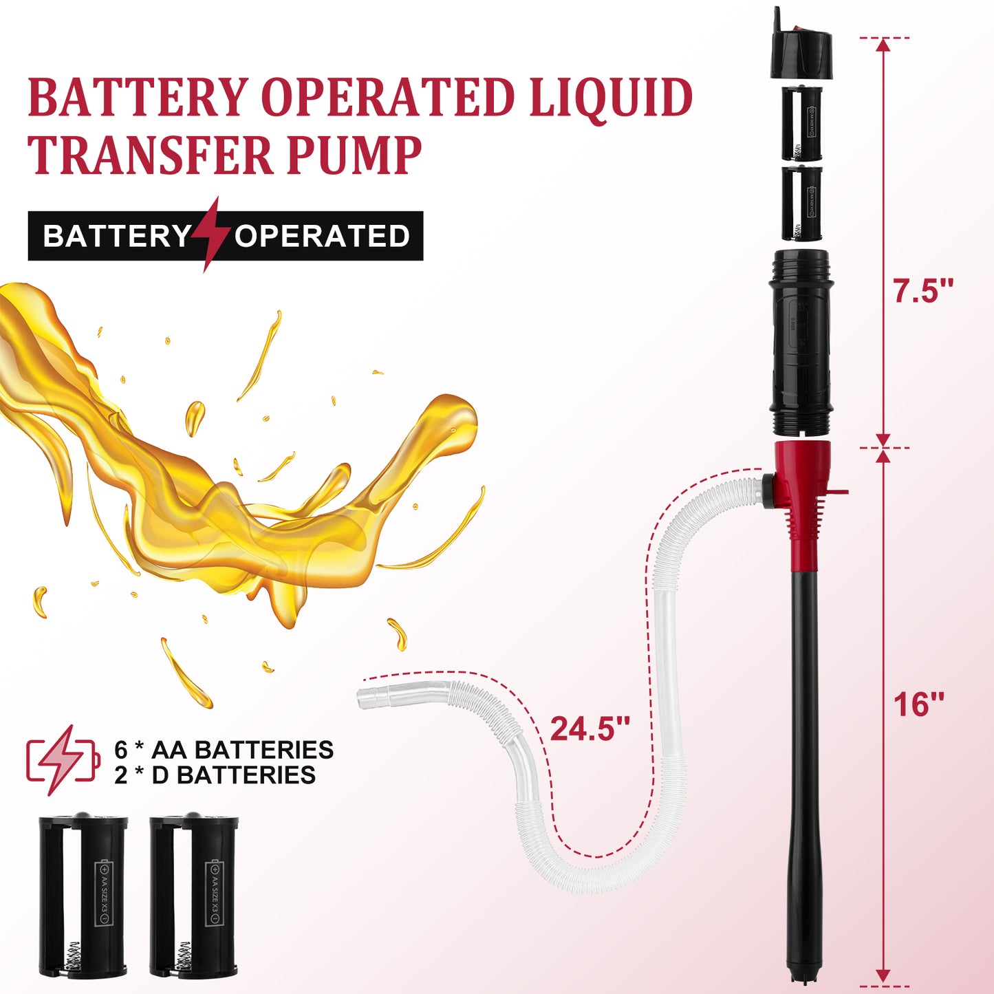 BOYISEN Battery Operated Liquid Transfer Pump - Electric Water Fuel Transfer Pump for Gasoline Diesel Oil, 2.2 Gallons per Min, Battery Power