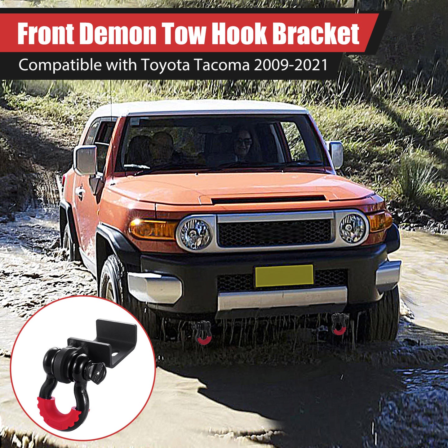 Front Demon Tow Hook Bracket, Demon Shackle Mount with 3/4inch D Ring Shackles Compatible with Toyota Tacoma 2009-2023