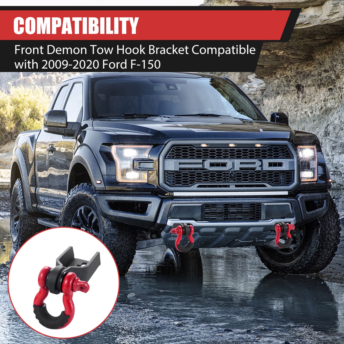 F150 Front Tow Hook Shackle Mount Kit Compatible with 2009-2023 Ford F-150 with 3/4inch D Ring Shackles