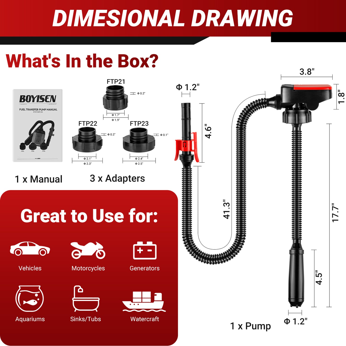 BOYISEN Electric Fuel Transfer Pump with Auto-Stop, AA Battery-Powered Portable Liquid Pump with Extra Long Hose Fits Most Size Gas Cans, Gas Pump Transfer for Gasoline, Diesel, Oil