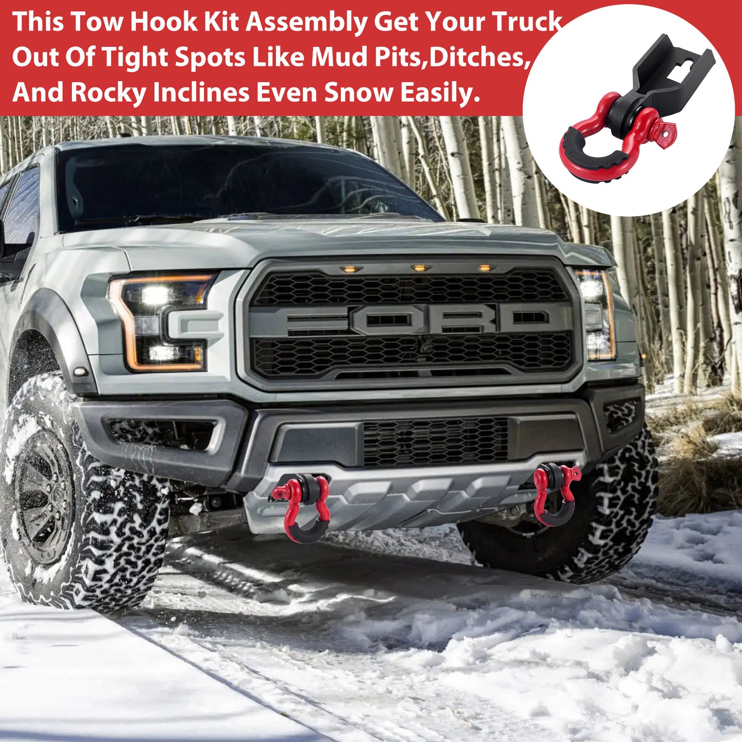 F150 Front Tow Hook Shackle Mount Kit Compatible with 2009-2023 Ford F-150 with 3/4inch D Ring Shackles