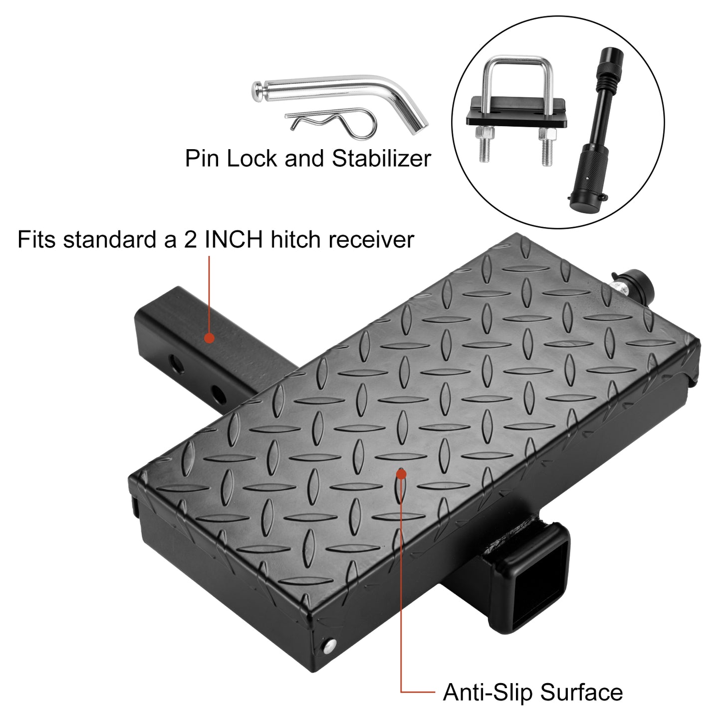 Multifunctional Hitch Step, Anti-slip Towing Bumper Guard with Hitch Locks, U-Bolt Hitch Stabilizer, Storage box, Pin Fits 2” Receiver for Pickup Truck SUV Vans