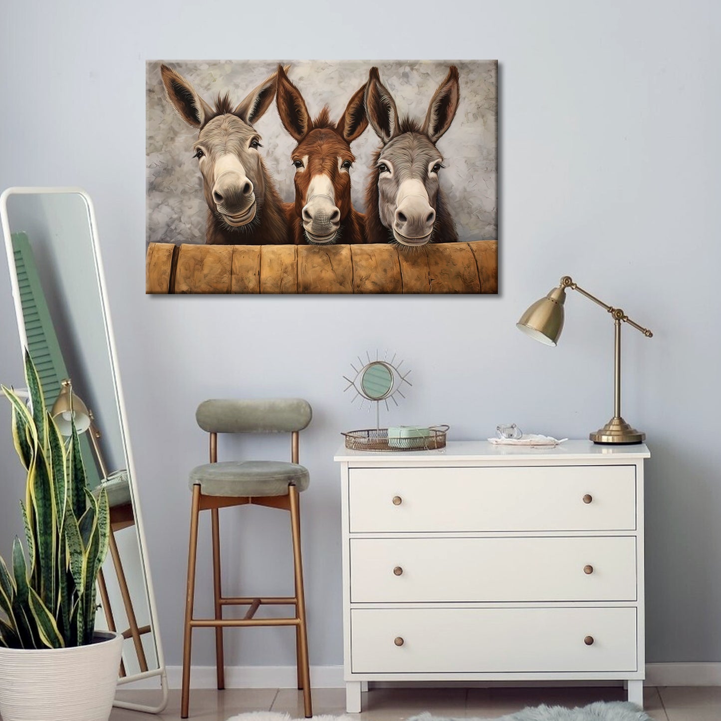 MODOJOART Funny Animal Wall Art  Farmhouse Three Donkey Picture Wall Decor Rustic Farm Donkey Animal Canvas Print Painting for Kitchen Bathroom Bedroom Decor