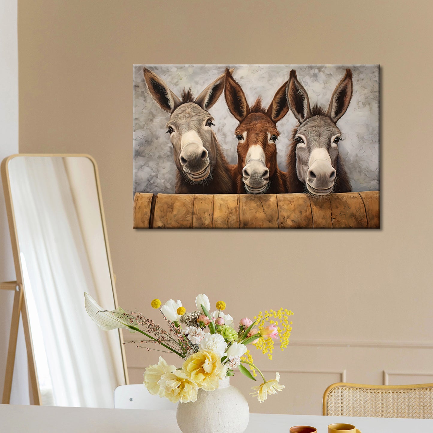 MODOJOART Funny Animal Wall Art  Farmhouse Three Donkey Picture Wall Decor Rustic Farm Donkey Animal Canvas Print Painting for Kitchen Bathroom Bedroom Decor