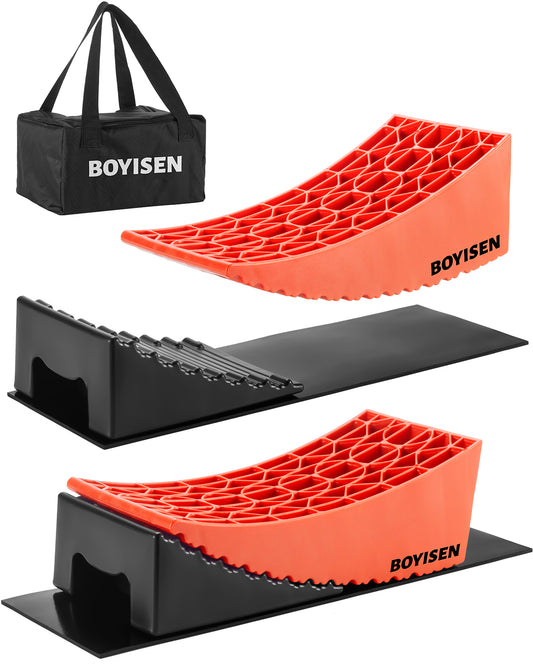 BOYISEN Camper Levelers 2 Pack - RV Leveling Blocks Ramp Kit Support Dual Axles,Up to 35,000lbs,RV Levelers with 2 Levelers,2 Chocks,2 Anti-Slip Mats and Carrying Bag Faster & Easier Leveling (Black)