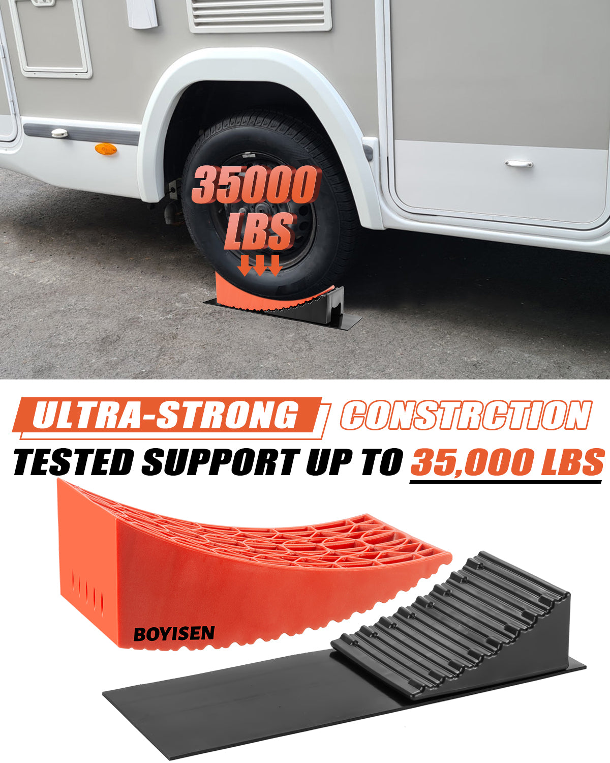 BOYISEN Camper Levelers 2 Pack - RV Leveling Blocks Ramp Kit Support Dual Axles,Up to 35,000lbs,RV Levelers with 2 Levelers,2 Chocks,2 Anti-Slip Mats and Carrying Bag Faster & Easier Leveling (Black)